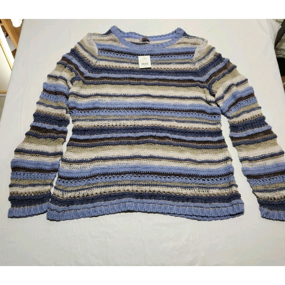 J Jill Sweater Womens Medium Blue Stripe Sheer Open Knit Long‎ Sleeve Casual